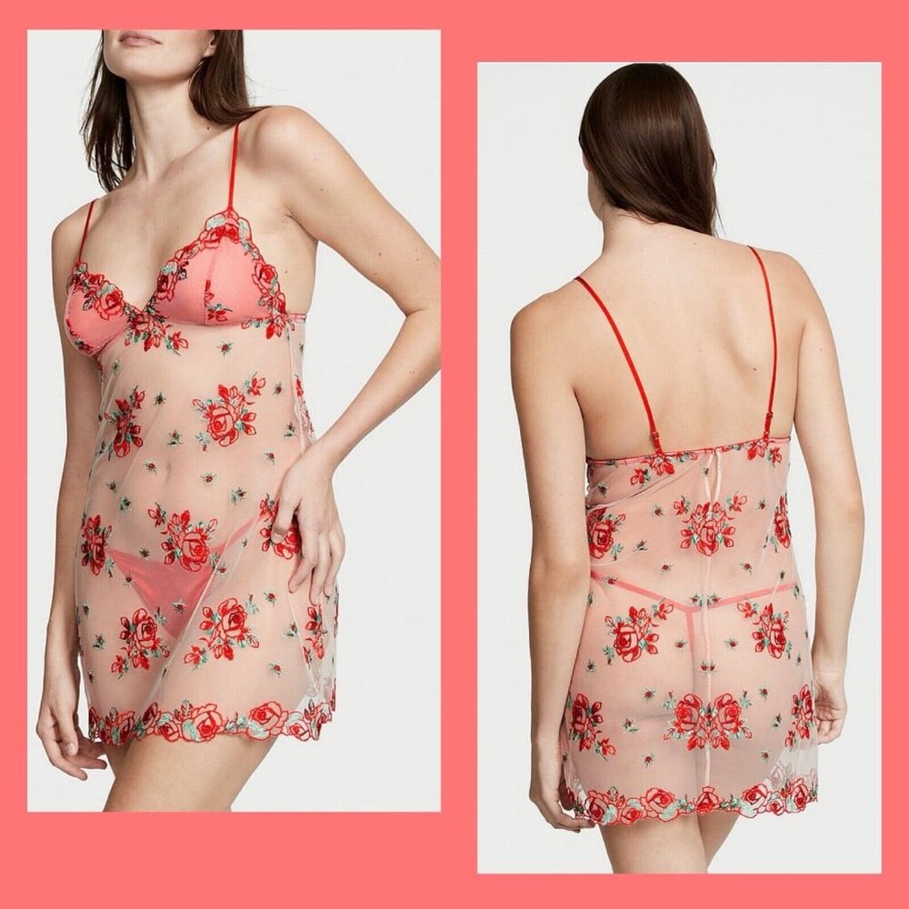 Victoria Secret Floral Embroidery Sheer Mesh Slip Size Large - Picture 11 of 11